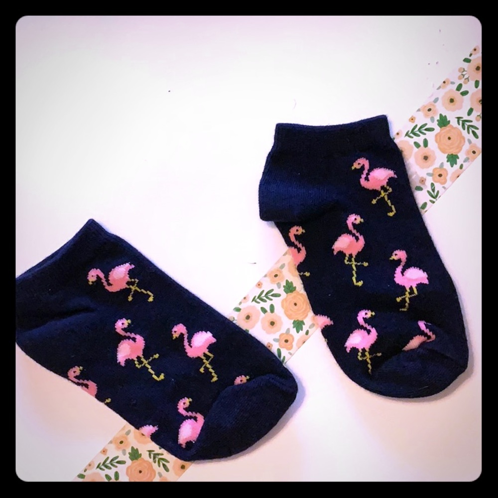 pair of black socks w/ pink flamingo print